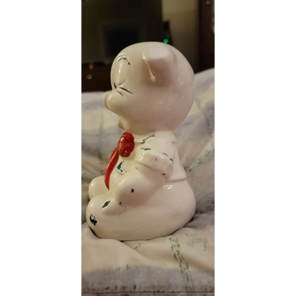 Vintage Lefton Bisque Pottery Ceramic PORCELAIN Pig Piggy Bank RED Bow tie